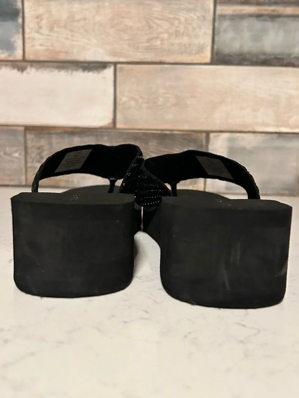 Kelly & Katie Black Wedge Flip Flop Thong Platform Sandal with Rhinestone Accent - Picture 9 of 16